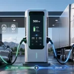 Moderná 500 kW nabíjacia stanica nabíja elektrické osobné auto aj nákladné vozidlo s podporou viacerých konektorových štandardov. Popisok: Nové ultrarýchle nabíjacie systémy ukazujú, ako sa infraštruktúra elektromobility pripravuje