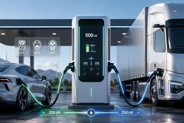 Moderná 500 kW nabíjacia stanica nabíja elektrické osobné auto aj nákladné vozidlo s podporou viacerých konektorových štandardov. Popisok: Nové ultrarýchle nabíjacie systémy ukazujú, ako sa infraštruktúra elektromobility pripravuje