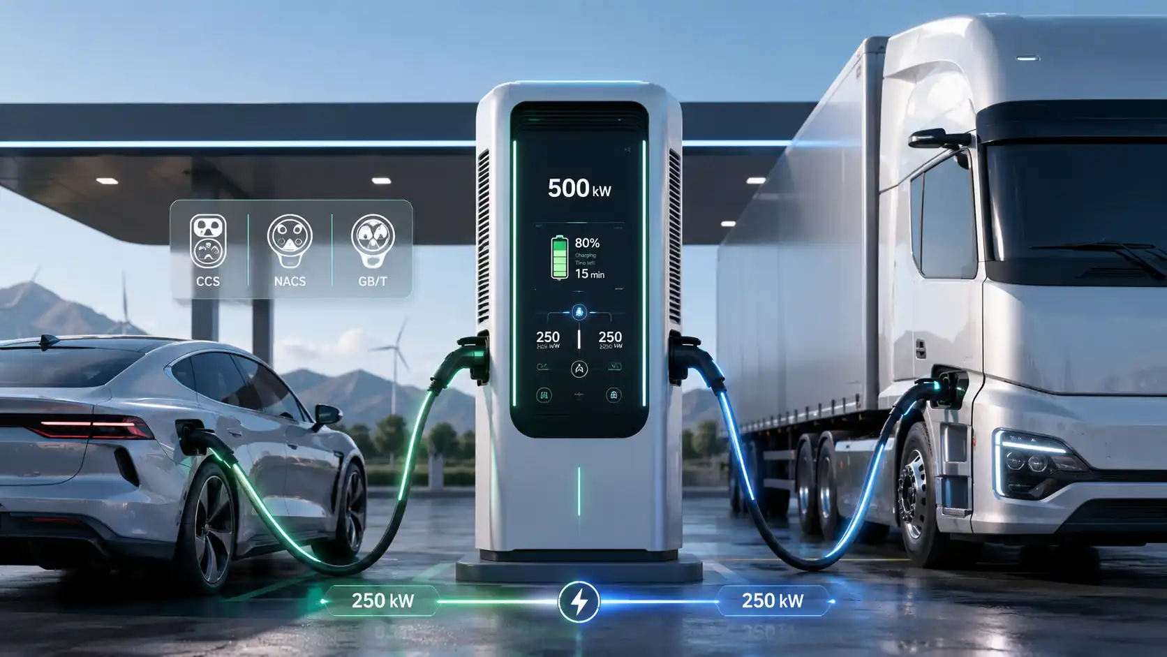 Moderná 500 kW nabíjacia stanica nabíja elektrické osobné auto aj nákladné vozidlo s podporou viacerých konektorových štandardov. Popisok: Nové ultrarýchle nabíjacie systémy ukazujú, ako sa infraštruktúra elektromobility pripravuje