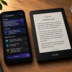 Smartfón s AI asistentom leží vedľa čítačky Kindle so slovenským textom knihy na drevenom stole. Obrázok symbolizuje rozdiel medzi inteligentnými funkciami aplikácie a jednoduchým čítaním na e-book čítačke.