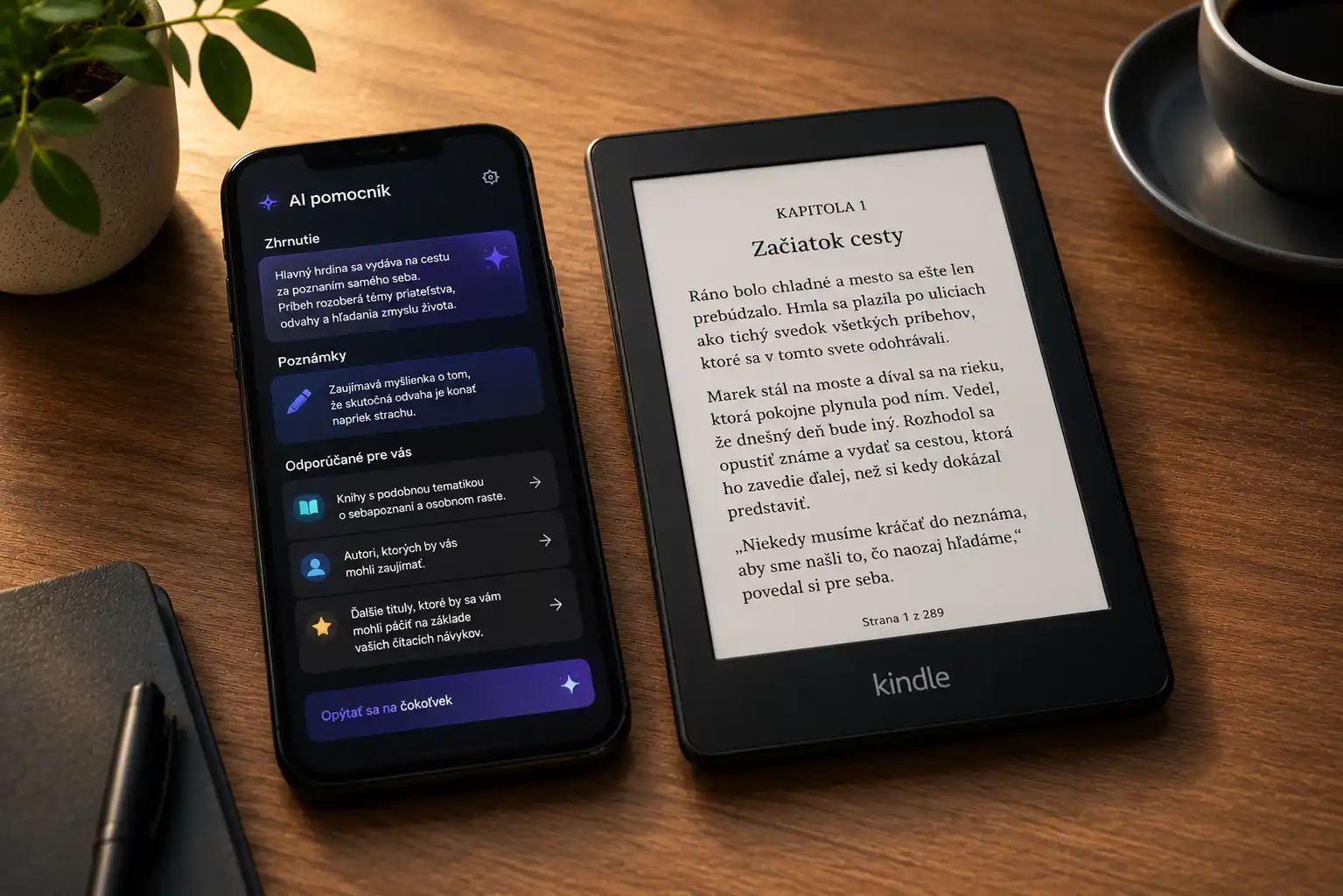 Smartfón s AI asistentom leží vedľa čítačky Kindle so slovenským textom knihy na drevenom stole. Obrázok symbolizuje rozdiel medzi inteligentnými funkciami aplikácie a jednoduchým čítaním na e-book čítačke.