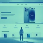 Konceptuálna ilustrácia modernej produktovej landing page zobrazujúcej nový smartfón na celej obrazovke. Návštevník stojí pred veľkým webovým rozhraním, ktoré symbolizuje konverzne orientovanú vstupnú stránku elektronického obchodu.