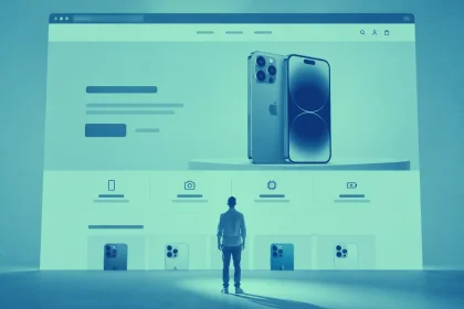 Konceptuálna ilustrácia modernej produktovej landing page zobrazujúcej nový smartfón na celej obrazovke. Návštevník stojí pred veľkým webovým rozhraním, ktoré symbolizuje konverzne orientovanú vstupnú stránku elektronického obchodu.