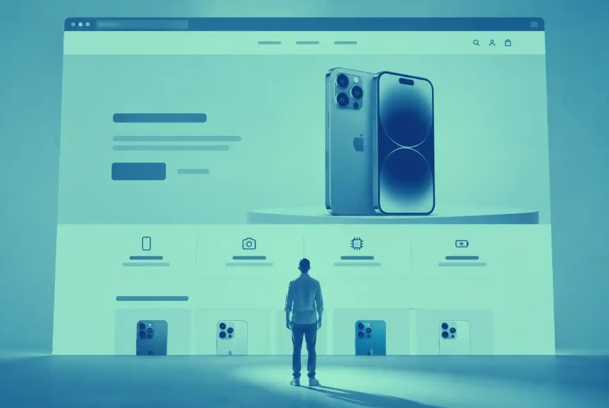 Konceptuálna ilustrácia modernej produktovej landing page zobrazujúcej nový smartfón na celej obrazovke. Návštevník stojí pred veľkým webovým rozhraním, ktoré symbolizuje konverzne orientovanú vstupnú stránku elektronického obchodu.