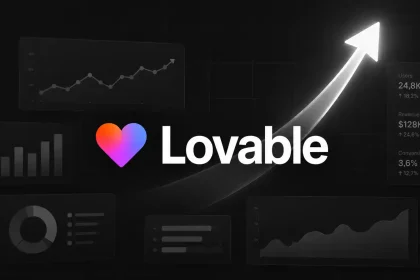 Logo Lovable na tmavom pozadí s analytickými grafmi a výraznou rastovou šípkou smerujúcou nahor, symbolizujúcou rýchly rast platformy a build economy.
