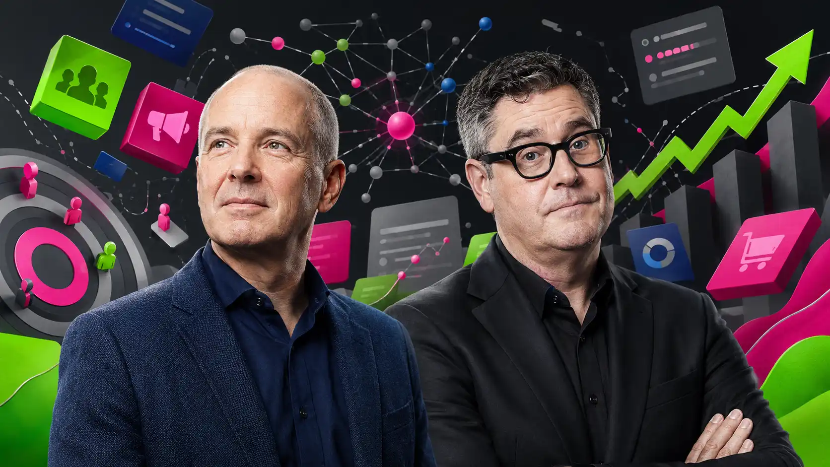 Byron Sharp a Mark Ritson v dynamickom vizuáli o značkách, raste a marketingovej stratégii.