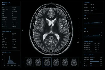 Realistická ilustračná MRI snímka ľudského mozgu v medicínskom zobrazovacom štýle na tmavom pozadí.