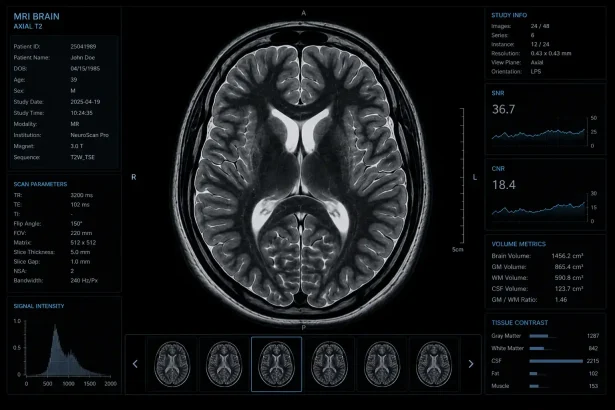 Realistická ilustračná MRI snímka ľudského mozgu v medicínskom zobrazovacom štýle na tmavom pozadí.