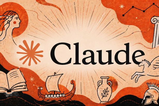 Logo Claude od spoločnosti Anthropic v centre ilustrácie inšpirovanej antickou mytológiou. Okolo loga sa nachádzajú kresby knihy, gréckeho stĺpa, amfory, vikingskej lode, okrídleného koňa a spartanskej prilby v oranžovo-béžovom umeleckom štýle.