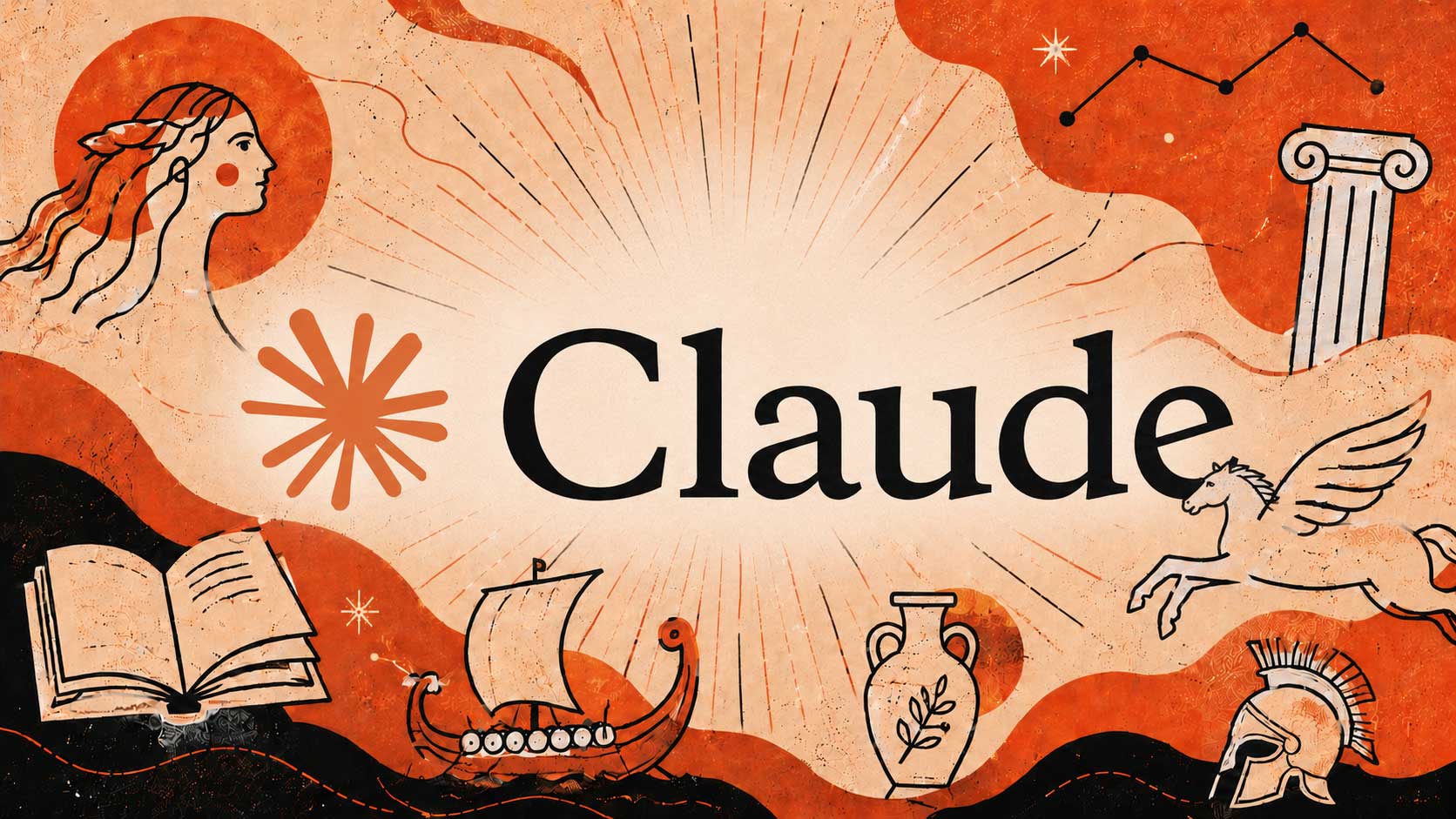 Logo Claude od spoločnosti Anthropic v centre ilustrácie inšpirovanej antickou mytológiou. Okolo loga sa nachádzajú kresby knihy, gréckeho stĺpa, amfory, vikingskej lode, okrídleného koňa a spartanskej prilby v oranžovo-béžovom umeleckom štýle.