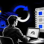 Ilustračný vizuál NotebookLM s automatickou synchronizáciou súborov z Google Drive v čierno-modrom rastrovom štýle.