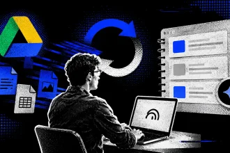 Ilustračný vizuál NotebookLM s automatickou synchronizáciou súborov z Google Drive v čierno-modrom rastrovom štýle.