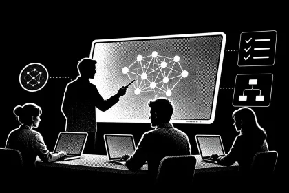 Čiernobiela technologická koláž zobrazujúca ľudí pri práci s AI, vzdelávacie prvky a prepojené pracovné workflowy.