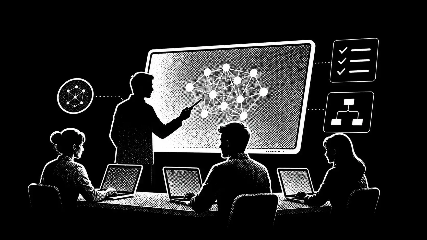 Čiernobiela technologická koláž zobrazujúca ľudí pri práci s AI, vzdelávacie prvky a prepojené pracovné workflowy.
