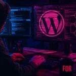 Hacker v tmavej miestnosti pracuje pri počítači s otvoreným kódom a obrazovkou WordPressu, pričom ružovo-modré duotone osvetlenie naznačuje riziká lacných pluginov a škodlivého kódu.