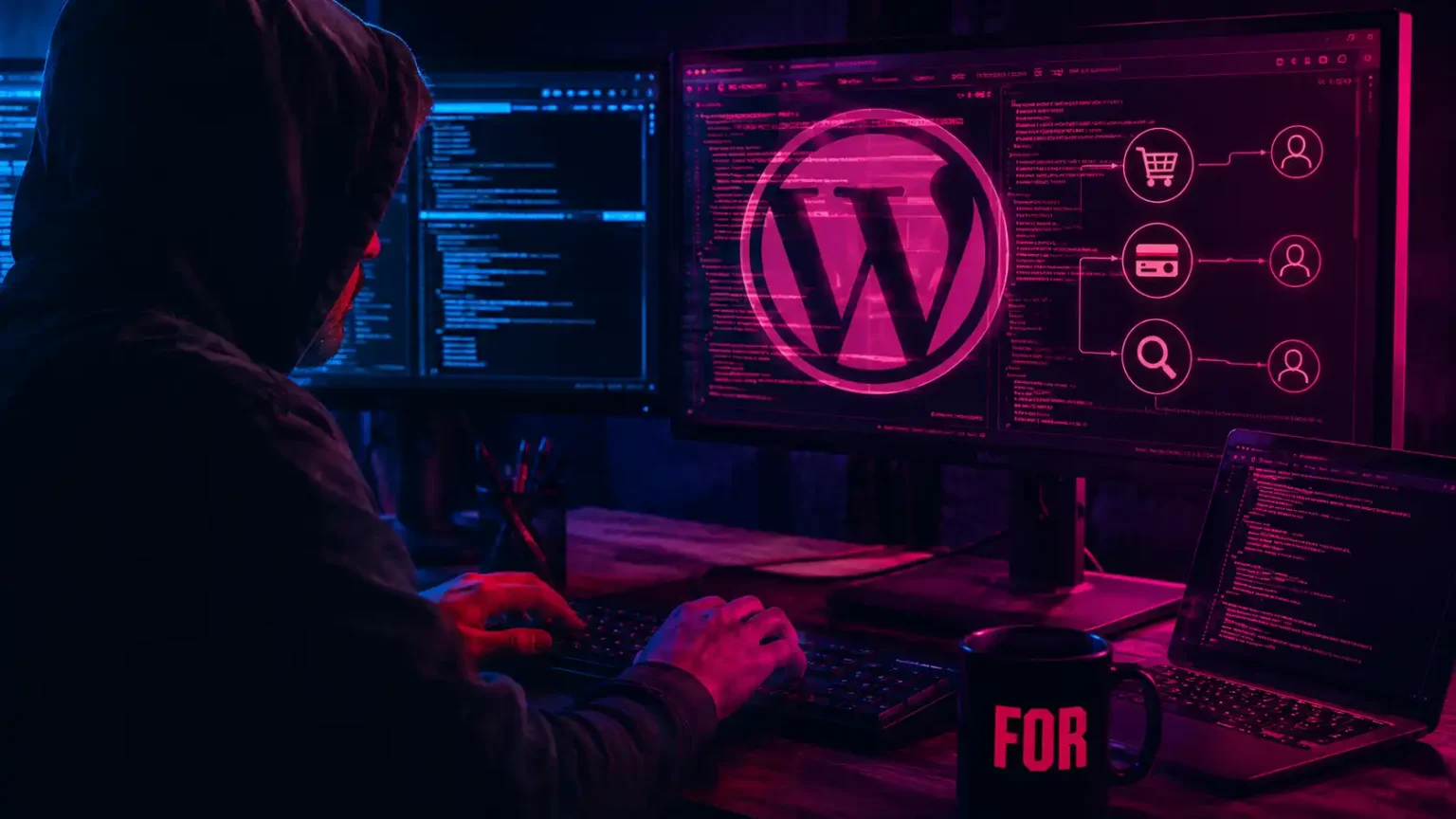 Hacker v tmavej miestnosti pracuje pri počítači s otvoreným kódom a obrazovkou WordPressu, pričom ružovo-modré duotone osvetlenie naznačuje riziká lacných pluginov a škodlivého kódu.