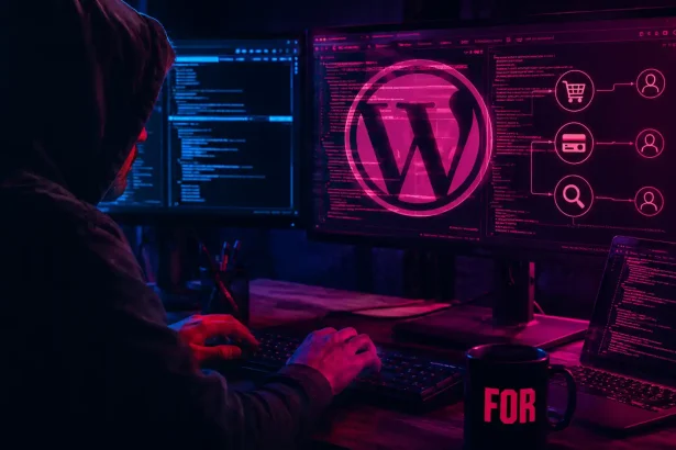 Hacker v tmavej miestnosti pracuje pri počítači s otvoreným kódom a obrazovkou WordPressu, pričom ružovo-modré duotone osvetlenie naznačuje riziká lacných pluginov a škodlivého kódu.