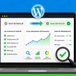 Ilustrácia kontroly SEO po migrácii WordPress domény so slovenským checklistom, grafom organickej návštevnosti, presmerovaniami a ikonou WordPress.