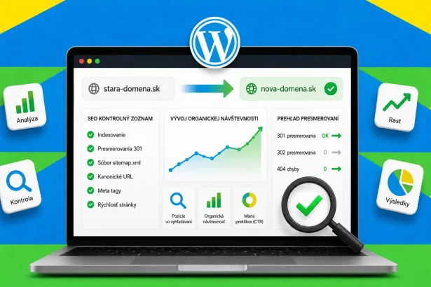 Ilustrácia kontroly SEO po migrácii WordPress domény so slovenským checklistom, grafom organickej návštevnosti, presmerovaniami a ikonou WordPress.