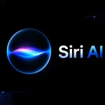 Futuristická ilustrácia Siri AI na čiernom technologickom pozadí s modrými pixelovými prvkami a svietiacou digitálnou guľou.