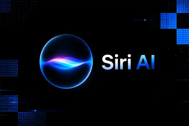 Futuristická ilustrácia Siri AI na čiernom technologickom pozadí s modrými pixelovými prvkami a svietiacou digitálnou guľou.