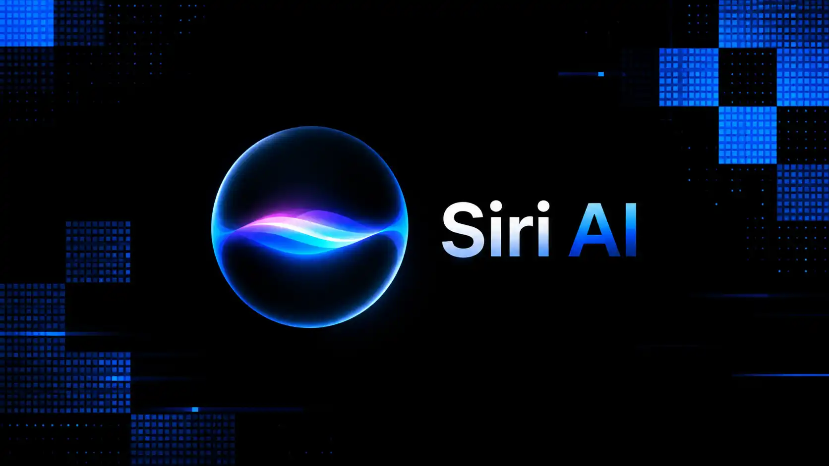Futuristická ilustrácia Siri AI na čiernom technologickom pozadí s modrými pixelovými prvkami a svietiacou digitálnou guľou.