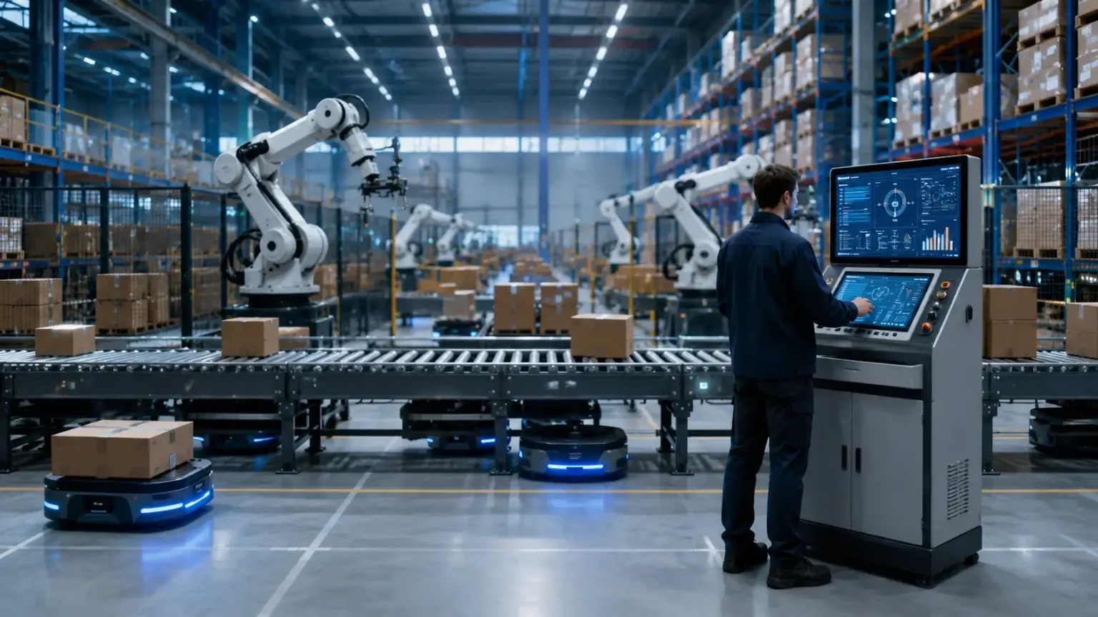 Automatizovaný sklad s robotmi, dopravníkmi a pracovníkom pri riadiacom paneli, ktorý symbolizuje vplyv robotizácie na logistiku a pracovný trh.