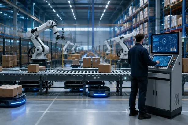 Automatizovaný sklad s robotmi, dopravníkmi a pracovníkom pri riadiacom paneli, ktorý symbolizuje vplyv robotizácie na logistiku a pracovný trh.