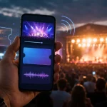 : Smartfón v popredí večerného koncertu so symbolickými prvkami digitálneho ticketingu a streamingu.