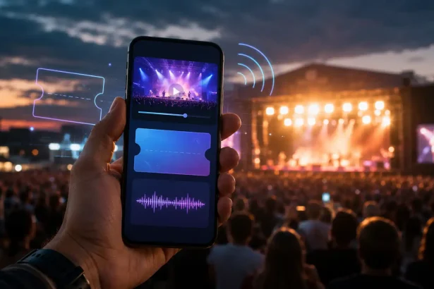 : Smartfón v popredí večerného koncertu so symbolickými prvkami digitálneho ticketingu a streamingu.