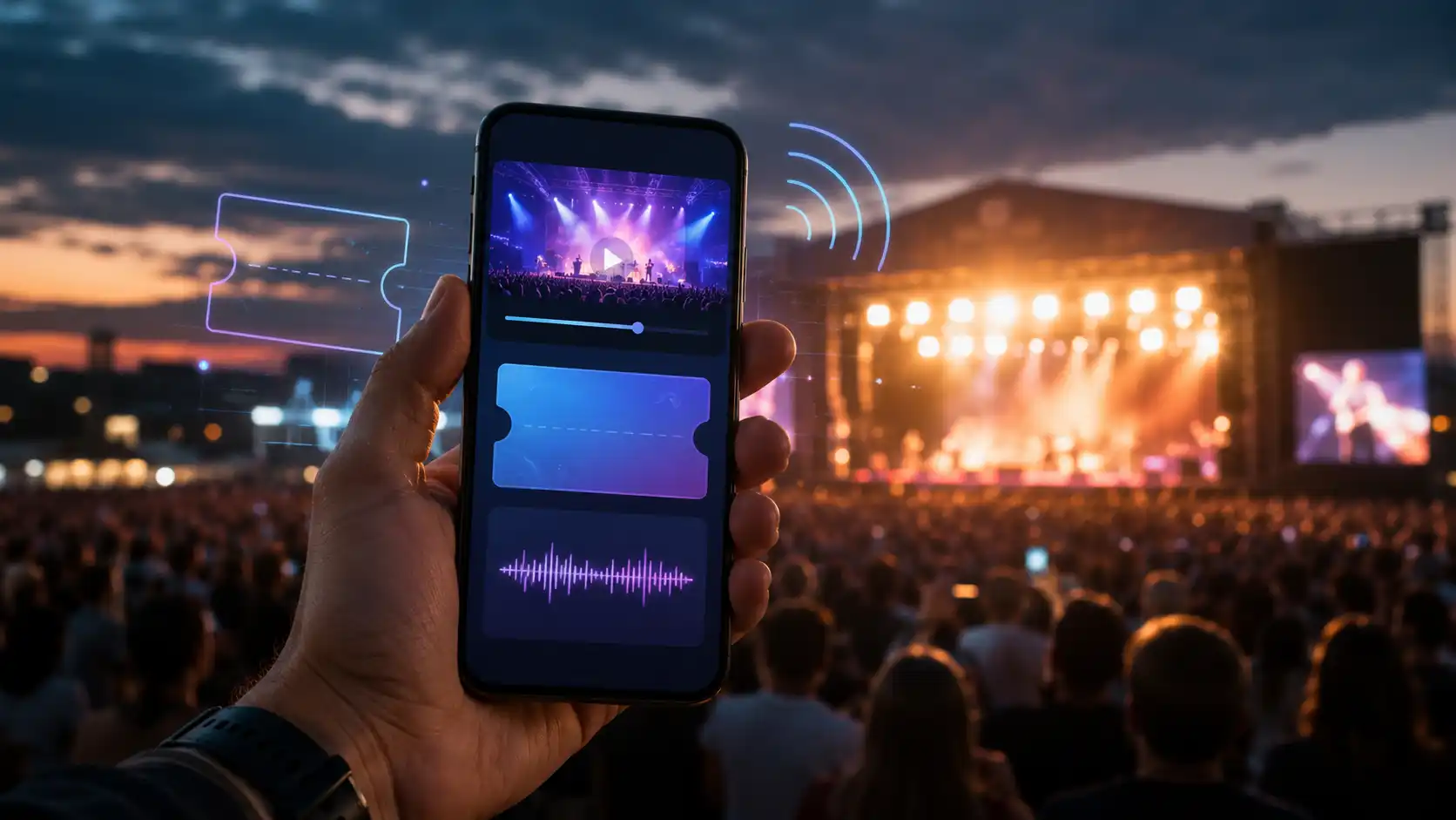 : Smartfón v popredí večerného koncertu so symbolickými prvkami digitálneho ticketingu a streamingu.