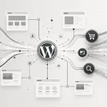 Abstraktná mapa WordPress webu zobrazuje dátové toky botov smerujúce cez kľúčové dynamické časti stránky. V strede sa nachádza symbol WordPressu, z ktorého vedú prepojenia k ikonám košíka, platby a vyhľadávania. Sivé línie a svetelné prúdy zn