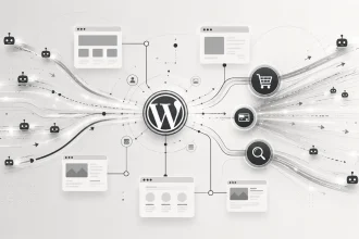 Abstraktná mapa WordPress webu zobrazuje dátové toky botov smerujúce cez kľúčové dynamické časti stránky. V strede sa nachádza symbol WordPressu, z ktorého vedú prepojenia k ikonám košíka, platby a vyhľadávania. Sivé línie a svetelné prúdy zn