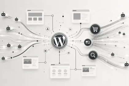 Abstraktná mapa WordPress webu zobrazuje dátové toky botov smerujúce cez kľúčové dynamické časti stránky. V strede sa nachádza symbol WordPressu, z ktorého vedú prepojenia k ikonám košíka, platby a vyhľadávania. Sivé línie a svetelné prúdy zn