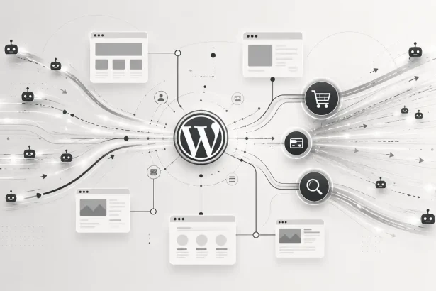 Abstraktná mapa WordPress webu zobrazuje dátové toky botov smerujúce cez kľúčové dynamické časti stránky. V strede sa nachádza symbol WordPressu, z ktorého vedú prepojenia k ikonám košíka, platby a vyhľadávania. Sivé línie a svetelné prúdy zn