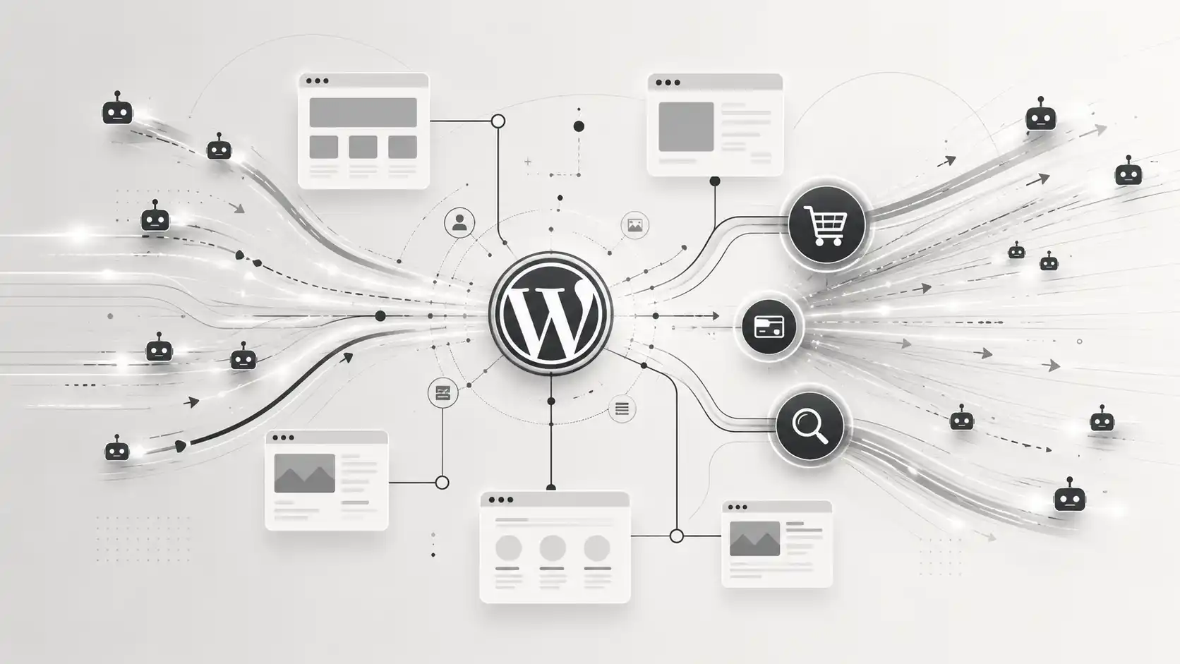 Abstraktná mapa WordPress webu zobrazuje dátové toky botov smerujúce cez kľúčové dynamické časti stránky. V strede sa nachádza symbol WordPressu, z ktorého vedú prepojenia k ikonám košíka, platby a vyhľadávania. Sivé línie a svetelné prúdy zn