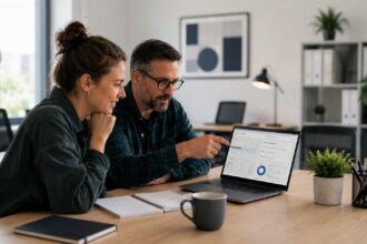 Dvaja kolegovia v modernej kancelárii pracujú s notebookom, na ktorom je zobrazený AI analytický panel s grafmi a prehľadmi. Diskutujú o využití umelej inteligencie pri riadení malej firmy.