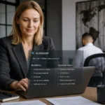 Skúsená profesionálka pracuje pri notebooku na životopise a kariérnom profile s podporou AI asistenta v modernom kancelárskom prostredí.