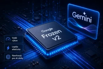 Futuristická ilustrácia procesora Google Frozen v2 na základnej doske s modrými svetelnými obvodmi. Vedľa čipu je zobrazené logo Gemini a informačné prvky poukazujúce na vyšší výkon, lepšiu efektivitu a optimalizáciu pre AI úlohy.