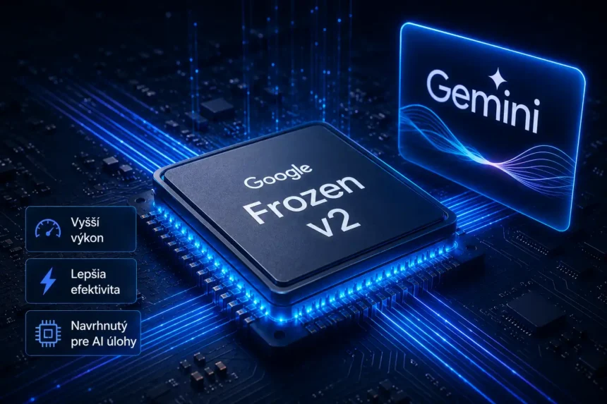Futuristická ilustrácia procesora Google Frozen v2 na základnej doske s modrými svetelnými obvodmi. Vedľa čipu je zobrazené logo Gemini a informačné prvky poukazujúce na vyšší výkon, lepšiu efektivitu a optimalizáciu pre AI úlohy.