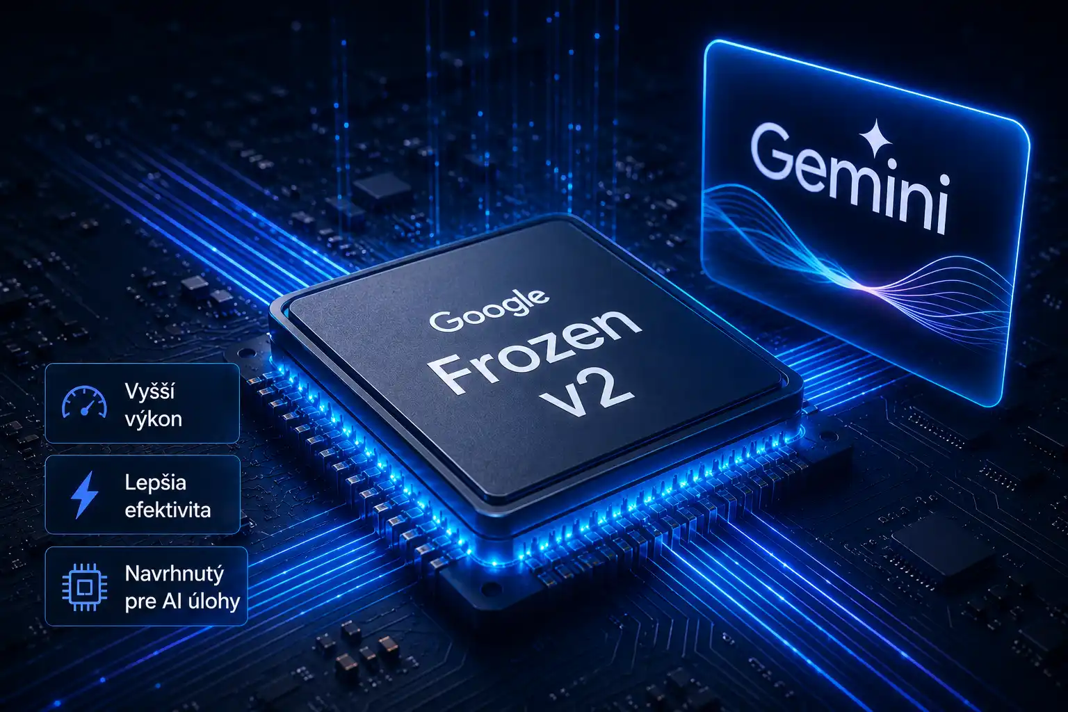 Futuristická ilustrácia procesora Google Frozen v2 na základnej doske s modrými svetelnými obvodmi. Vedľa čipu je zobrazené logo Gemini a informačné prvky poukazujúce na vyšší výkon, lepšiu efektivitu a optimalizáciu pre AI úlohy.