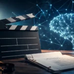 Filmová klapka a scenár na pracovnom stole v kreatívnom štúdiu, v pozadí svieti digitálna neurónová sieť ako symbol využitia umelej inteligencie pri tvorbe obsahu.