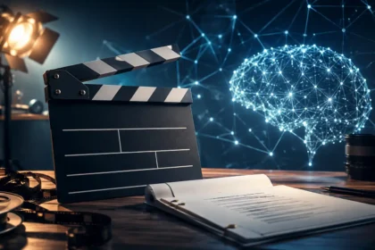 Filmová klapka a scenár na pracovnom stole v kreatívnom štúdiu, v pozadí svieti digitálna neurónová sieť ako symbol využitia umelej inteligencie pri tvorbe obsahu.