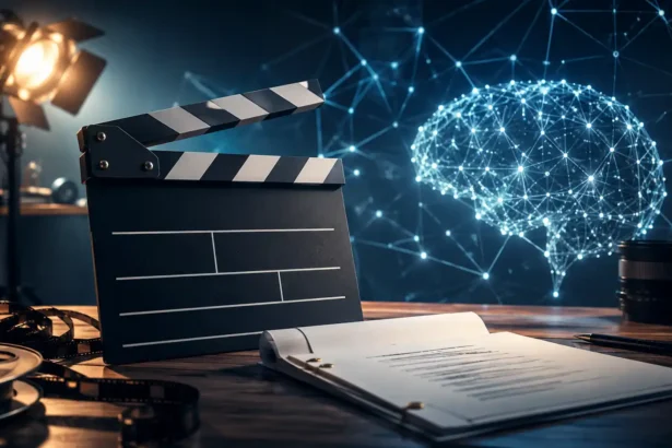 Filmová klapka a scenár na pracovnom stole v kreatívnom štúdiu, v pozadí svieti digitálna neurónová sieť ako symbol využitia umelej inteligencie pri tvorbe obsahu.
