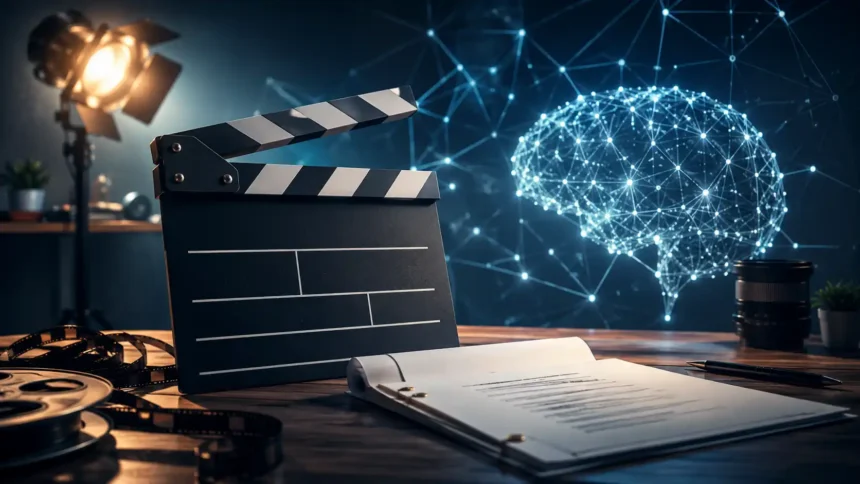 Filmová klapka a scenár na pracovnom stole v kreatívnom štúdiu, v pozadí svieti digitálna neurónová sieť ako symbol využitia umelej inteligencie pri tvorbe obsahu.