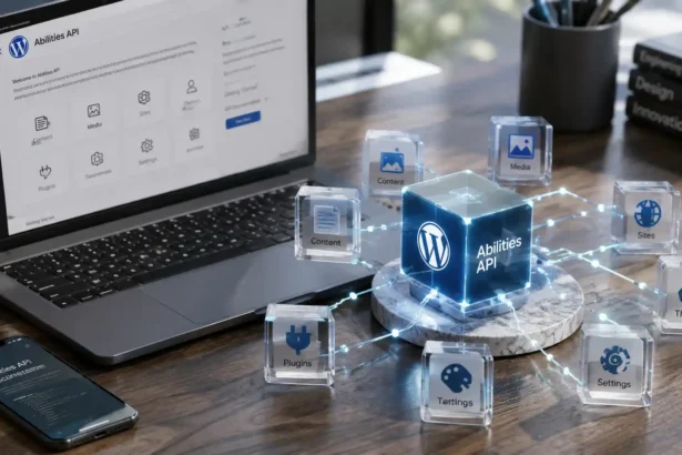 Ilustračný technologický vizuál zobrazujúci prepojené WordPress bloky, API moduly a AI automatizačné uzly v modernom digitálnom rozhraní.