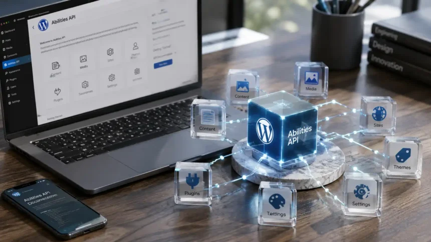 Ilustračný technologický vizuál zobrazujúci prepojené WordPress bloky, API moduly a AI automatizačné uzly v modernom digitálnom rozhraní.