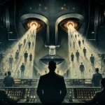 Dystopická retrofuturistická vízia umelej inteligencie zo šesťdesiatych rokov, kde obrovská mechanická AI tvár dohliada na ľudí v miestnosti plnej starých počítačov, páskových jednotiek a ovládacích panelov.