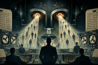 Dystopická retrofuturistická vízia umelej inteligencie zo šesťdesiatych rokov, kde obrovská mechanická AI tvár dohliada na ľudí v miestnosti plnej starých počítačov, páskových jednotiek a ovládacích panelov.