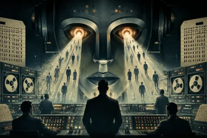 Dystopická retrofuturistická vízia umelej inteligencie zo šesťdesiatych rokov, kde obrovská mechanická AI tvár dohliada na ľudí v miestnosti plnej starých počítačov, páskových jednotiek a ovládacích panelov.